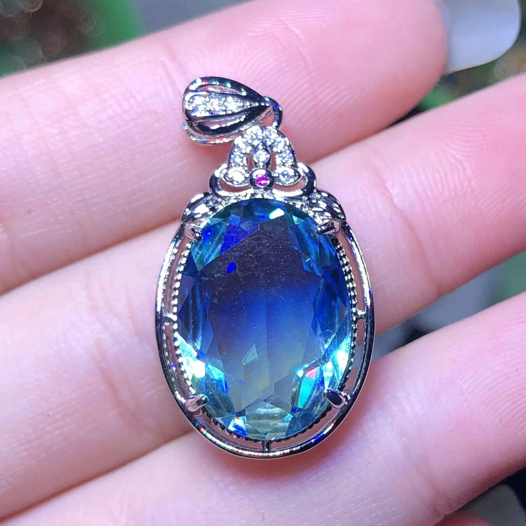 21214蓝绿托柏吊坠银色托16克拉4爪 豪华款开口可调节