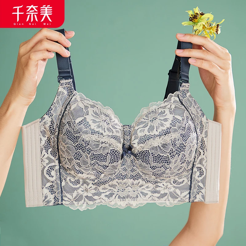 千奈美大胸显小神器缩胸无钢圈调整型大码内衣女薄杯文胸蕾丝胸罩