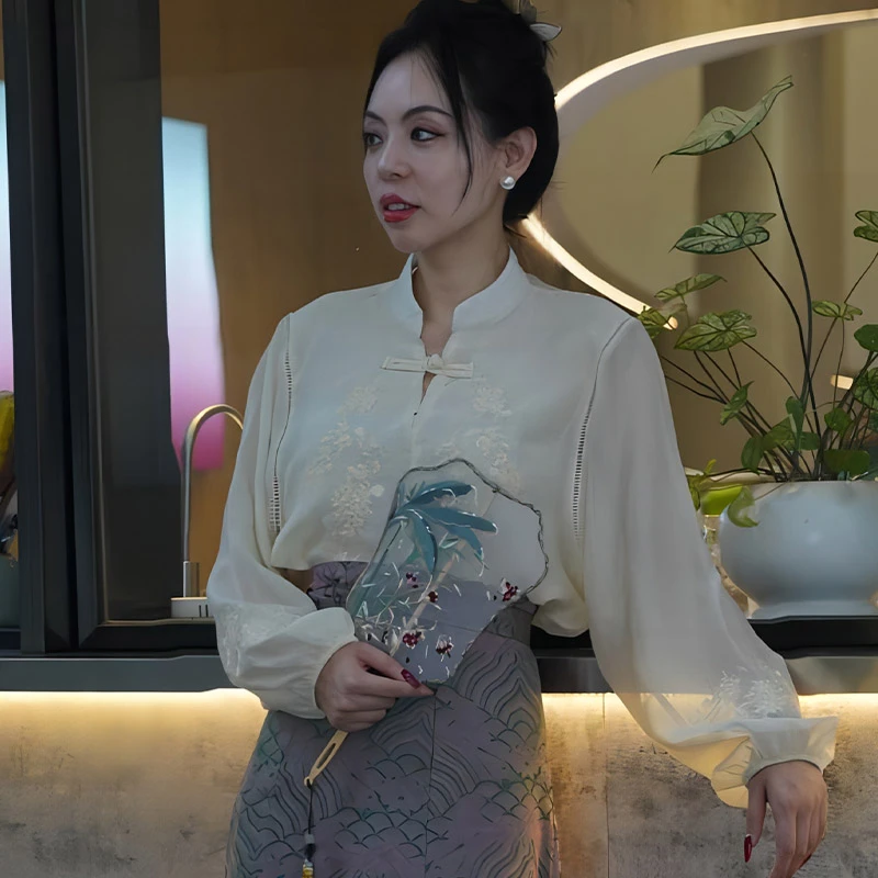 雪云百万针重工刺绣款2024新款新中式汉服上衣气质薄纱中国风夏季