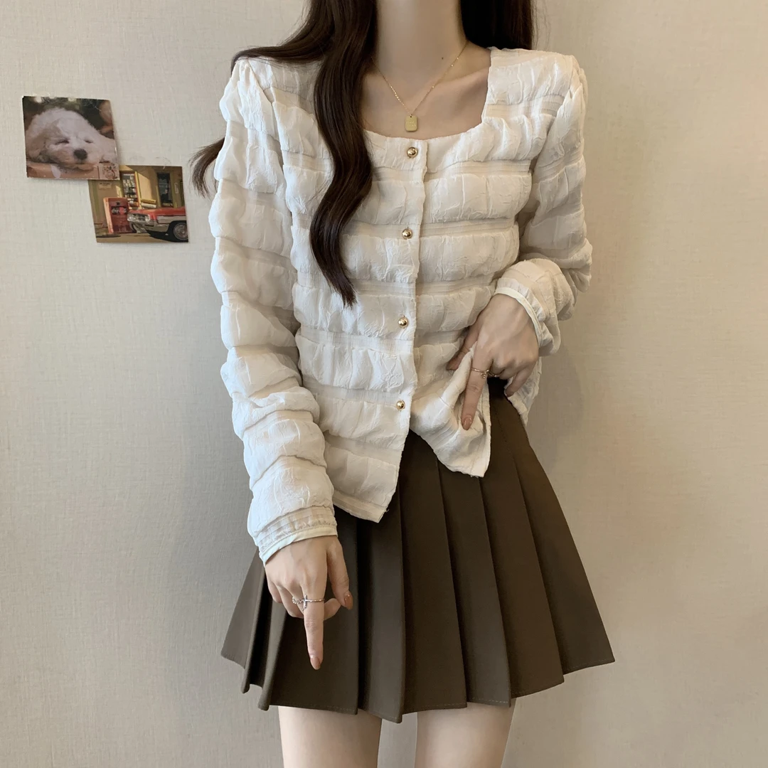 大码女装方领泡泡长袖开衫衬衫女秋冬胖MM遮肚显瘦短款上衣打底衫