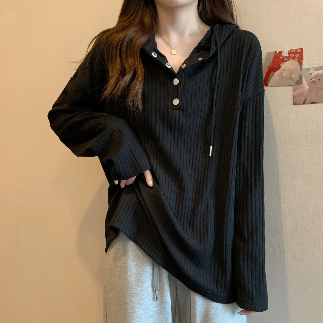 大码女装连帽宽松长袖针织衫女秋季新款胖MM遮肚子显瘦上衣打底衫