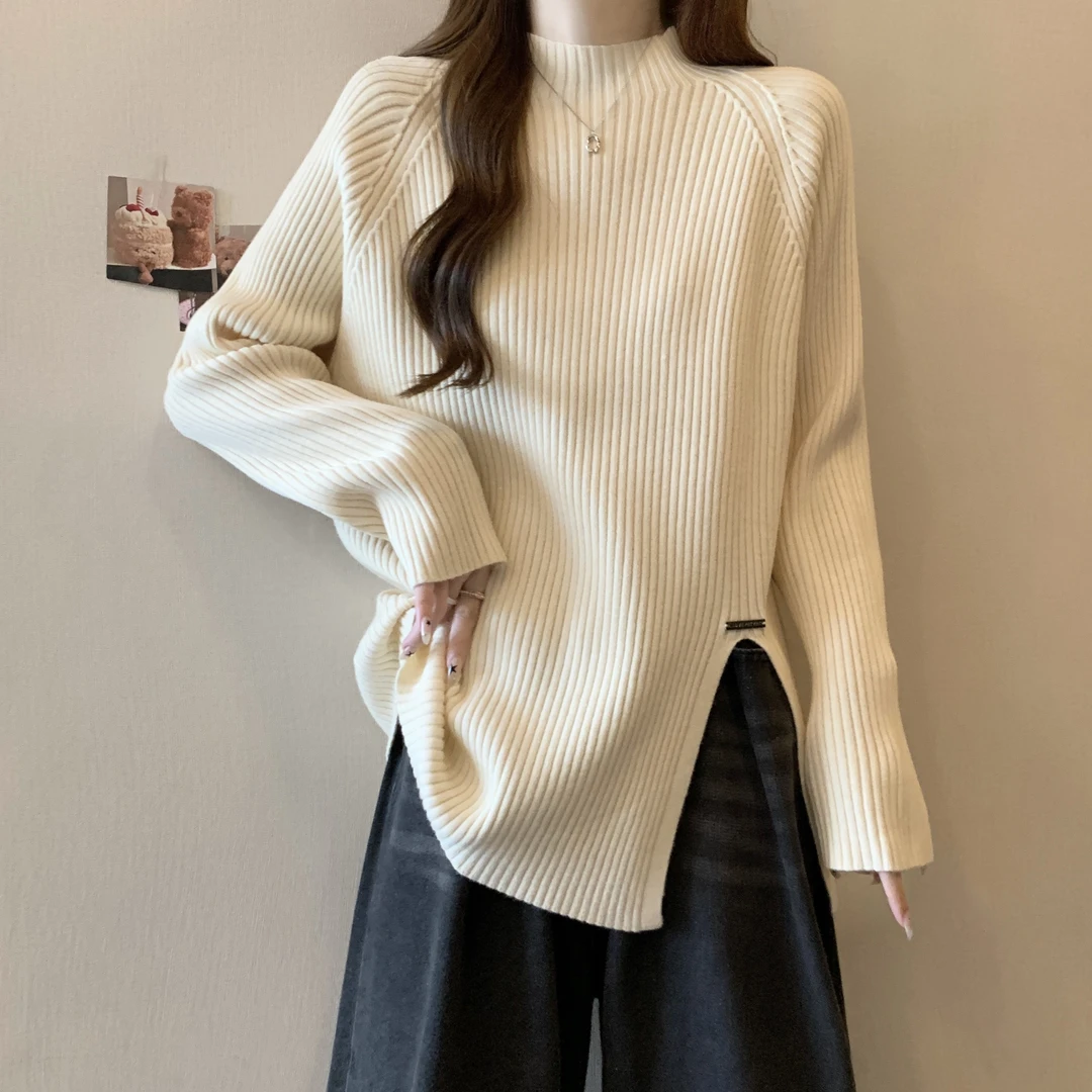 大码女装半高领开叉毛衣打底衫女秋冬慵懒风宽松显瘦针织内搭上衣