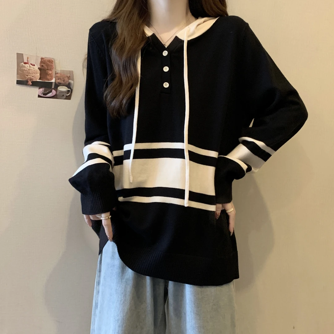 大码女装条纹连帽长袖毛衣女秋冬胖MM遮肚显瘦宽松针织上衣打底衫