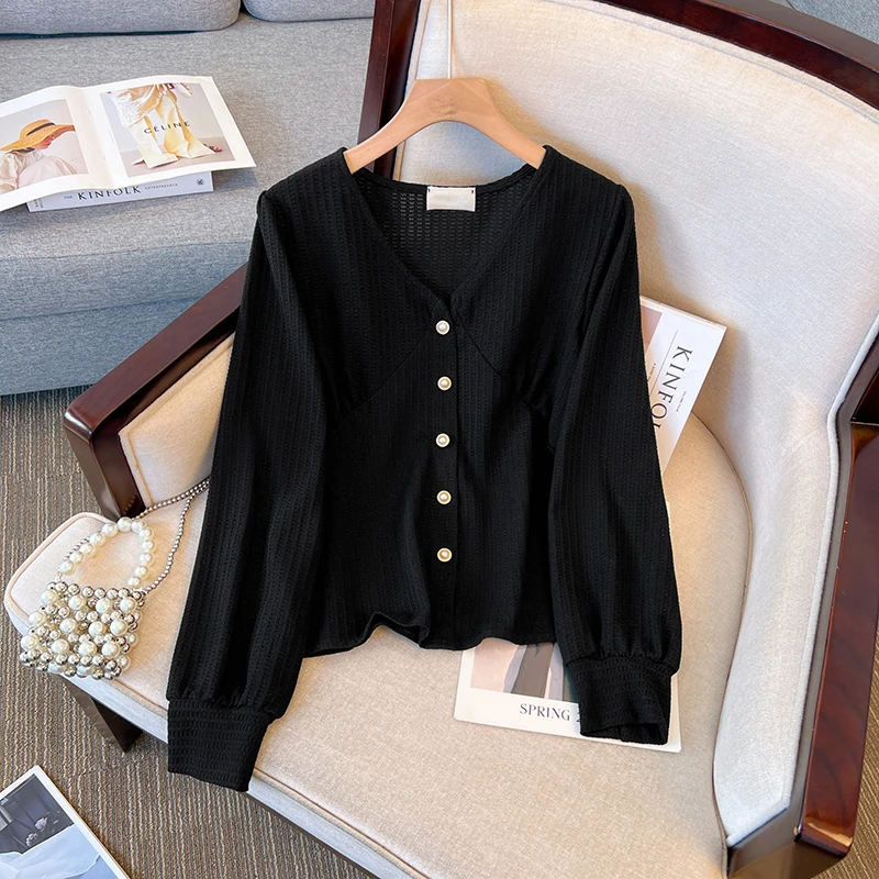 大码女装法式V领长袖开衫衬衫女秋冬胖MM宽松显瘦雪纺上衣打底衫