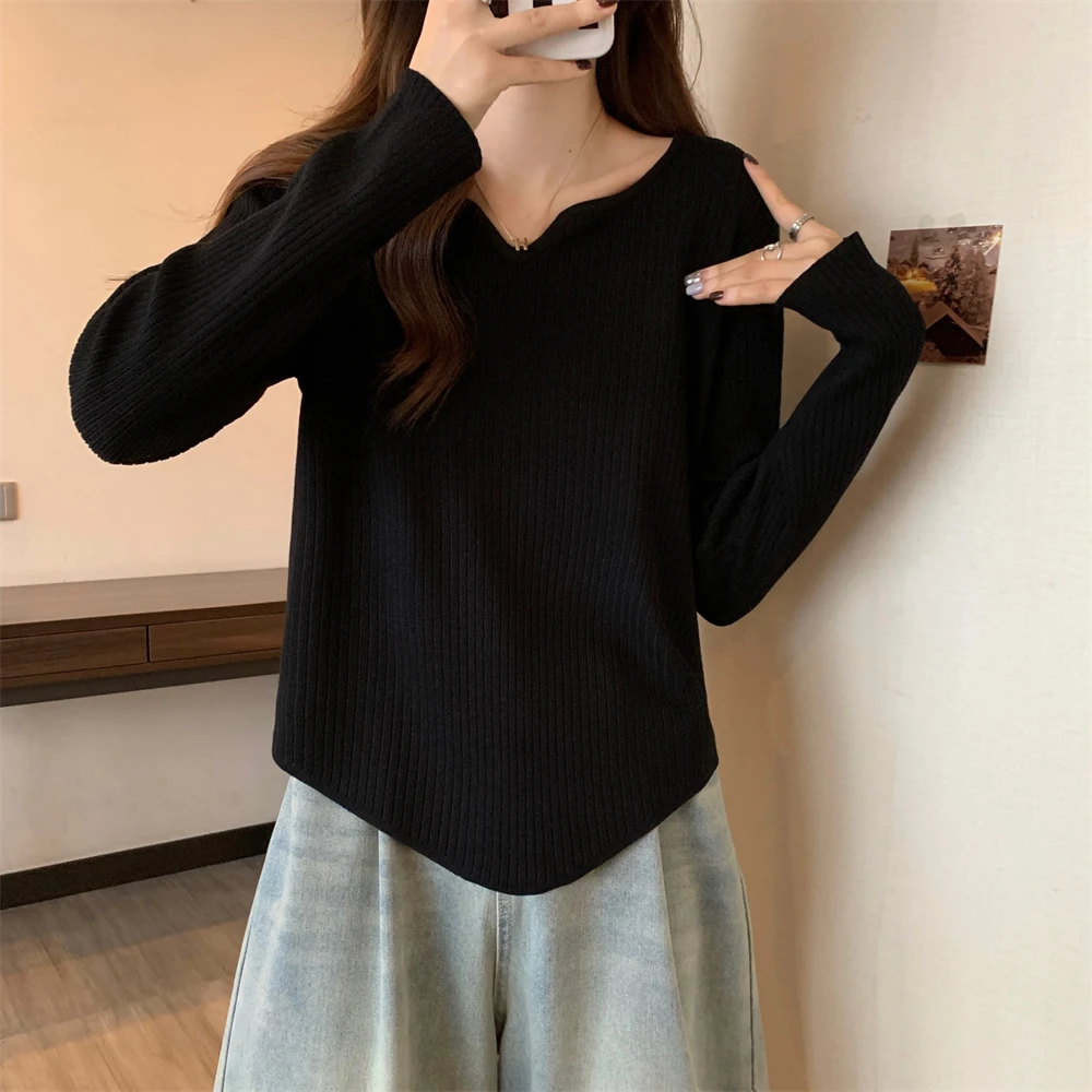 大码女装V领不规则长袖毛衣女秋冬胖妹妹宽松显瘦针织上衣打底衫