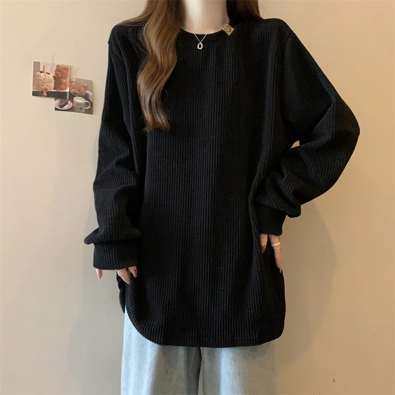 大码女装圆领坑条长袖毛衣女秋冬胖MM宽松显瘦针织内搭上衣打底衫