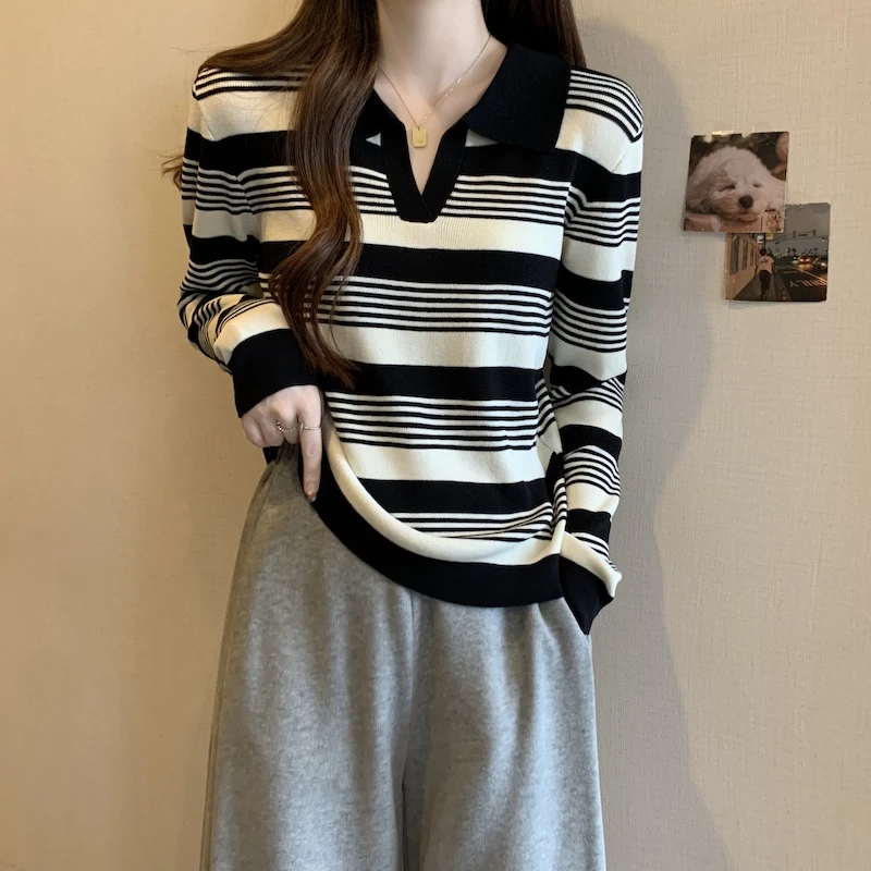 大码女装正肩polo领长袖针织衫秋季胖妹妹宽松显瘦内搭上衣打底衫