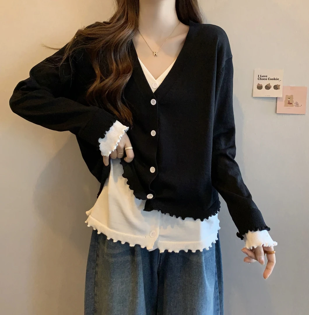 大码女装新款假两件针织开衫女秋冬胖妹妹遮肚显瘦宽松上衣打底衫