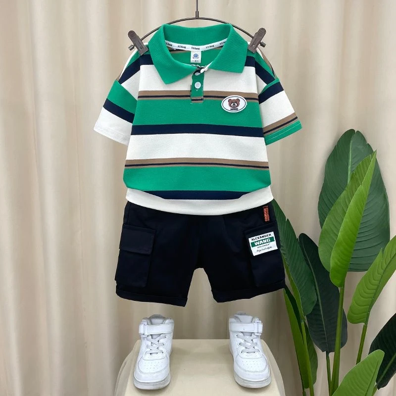 男童短袖polo衫套装2024新款洋气宝宝衣服儿童酷帅薄款夏装两件套