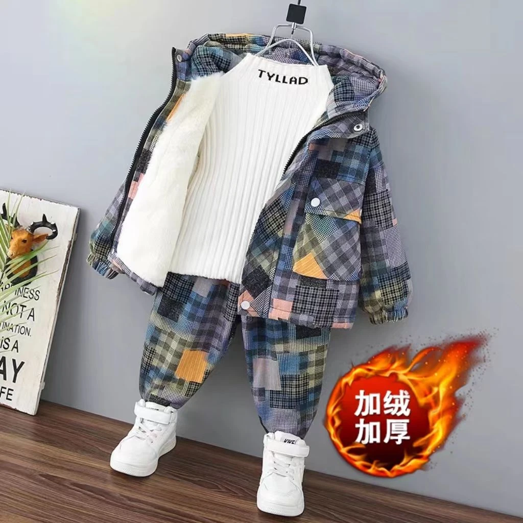 套装加绒加厚宝宝冬款男童套装2023炸街爆款男童套装冬季加绒加厚