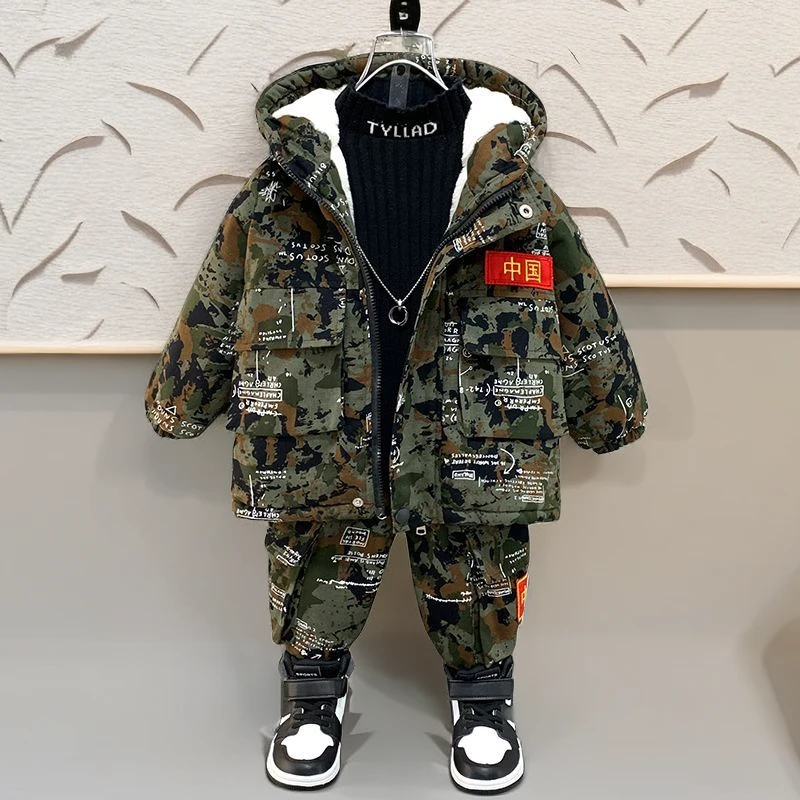 男童冬天套装2023冬季加绒加厚中小童冬款儿童迷彩服套装帅气童装