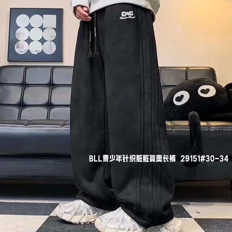 151青少年CN中大童针织卫裤刺绣加厚加绒个性直筒卫裤