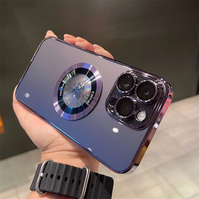 适用苹果15promax磁吸护镜漏标放大镜手机壳iPhone14电镀PC硬壳