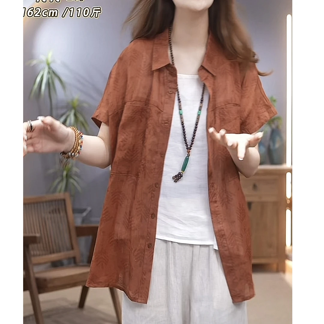 小镇阿布原创纯苎麻印花衬衫夏季新款文艺百搭宽松休闲上衣1383