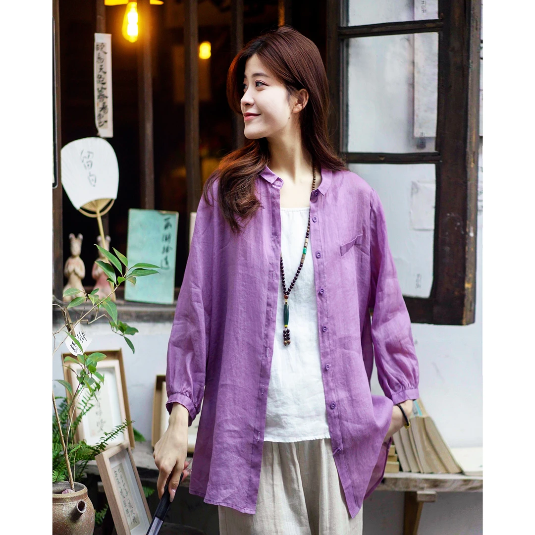 云筝原创砂纯苎麻上衣大码文艺休闲百搭春夏宽松衬衫1602