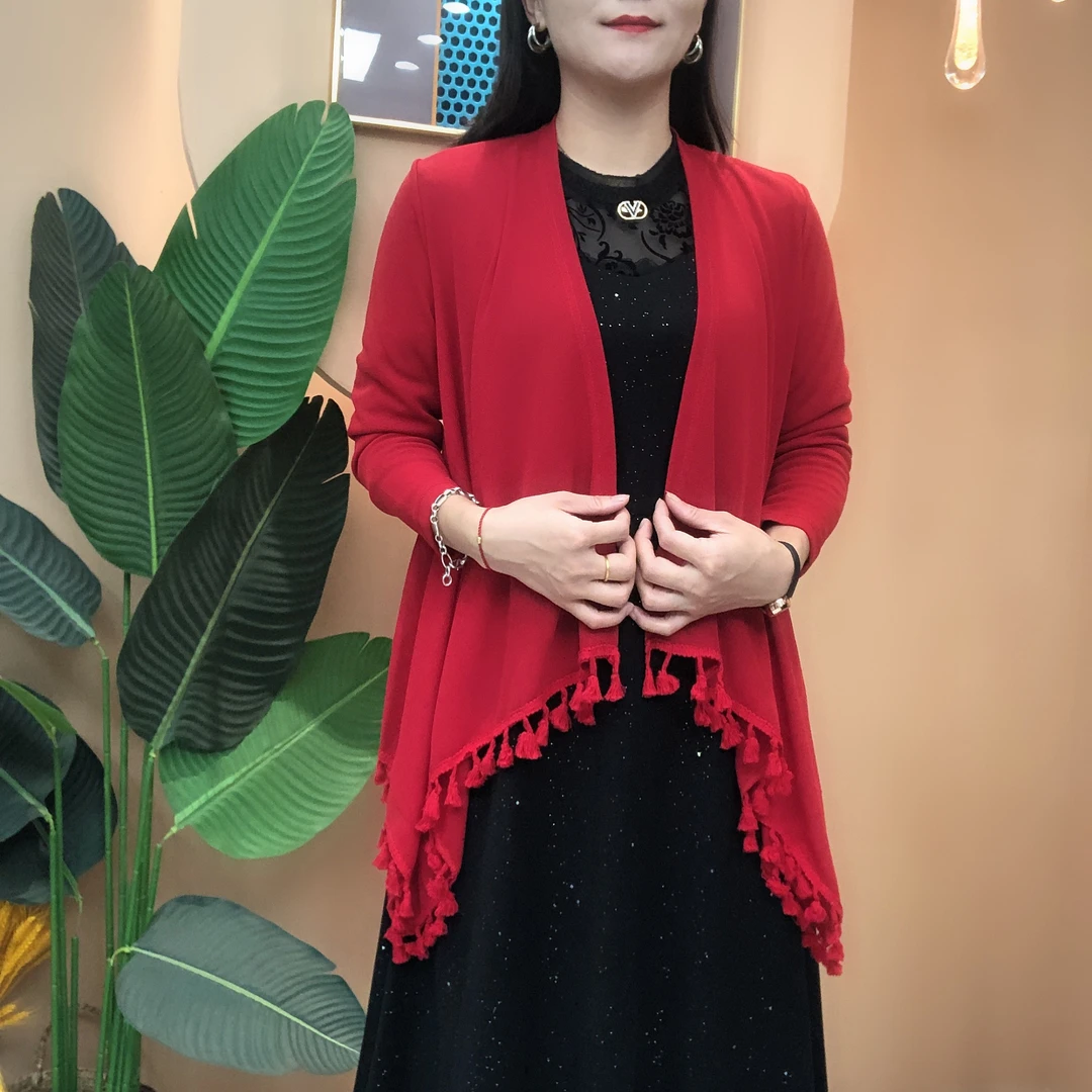 2025秋季新款百搭短款长袖开衫通勤纯色外披时尚百搭气质披肩流苏