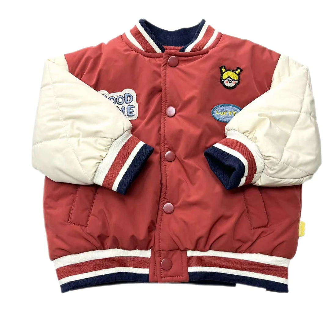 7827-D砖红拼色卡通字母贴布绣儿童棒球领棉服