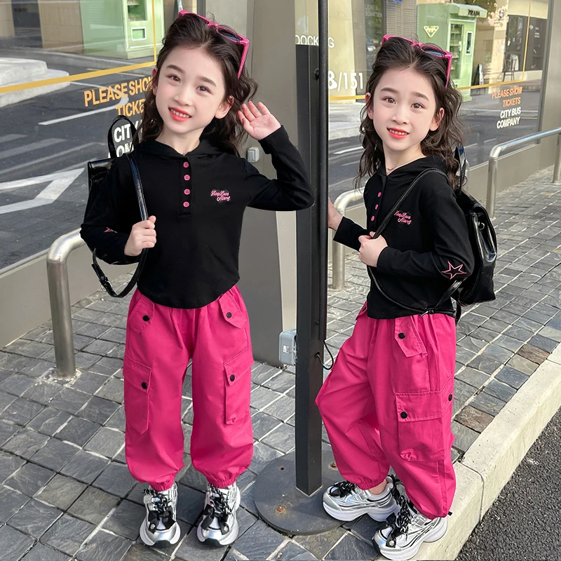 女童洋气工装套装2024秋季新款韩版中小童连帽T恤两件套套装儿童