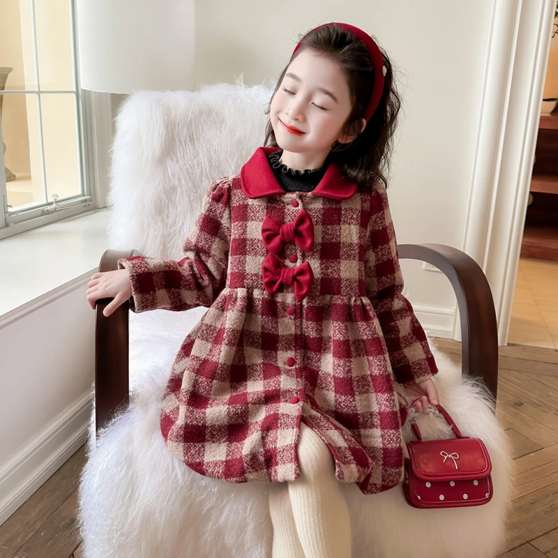 女童格子呢大衣外套冬季夹棉加厚蝴蝶结年服儿童保暖洋气过年大衣