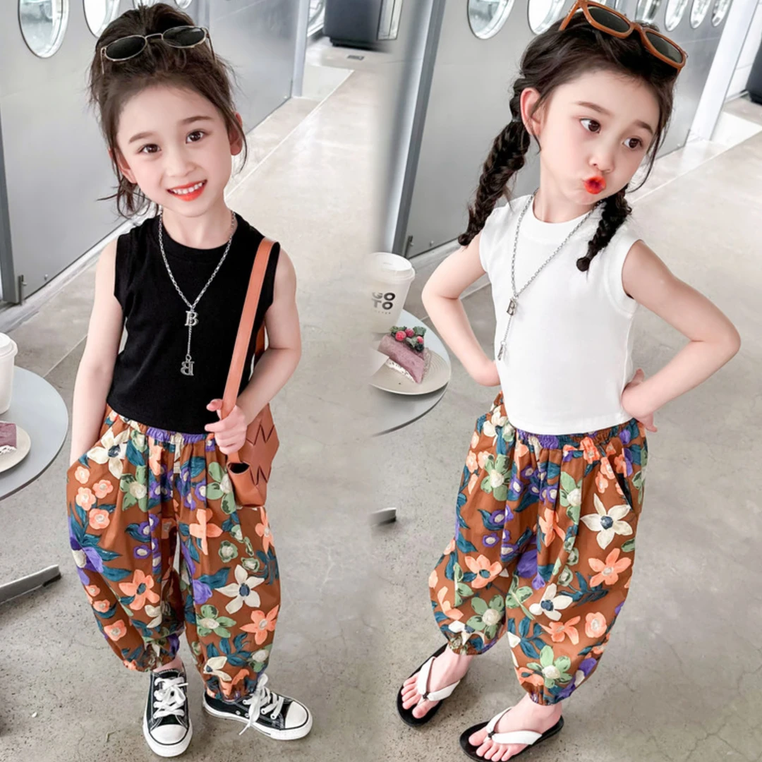 女童套装夏季炸街洋气灯笼裤女宝宝薄款夏装儿童背心防蚊裤两件套
