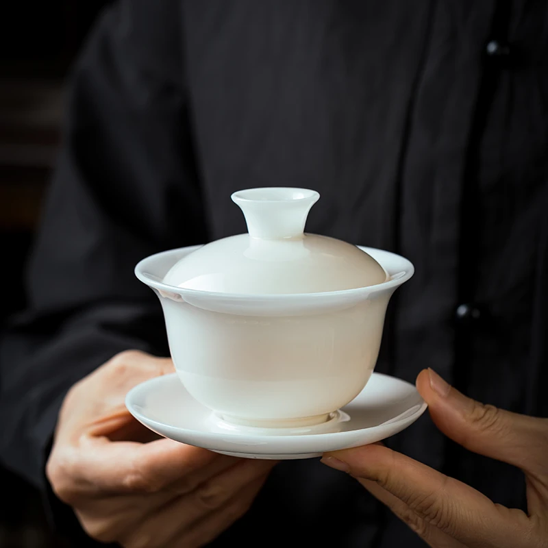 冰种玉瓷羊脂玉盖碗套装轻奢高档白瓷陶瓷盖碗高端功夫茶具家用装