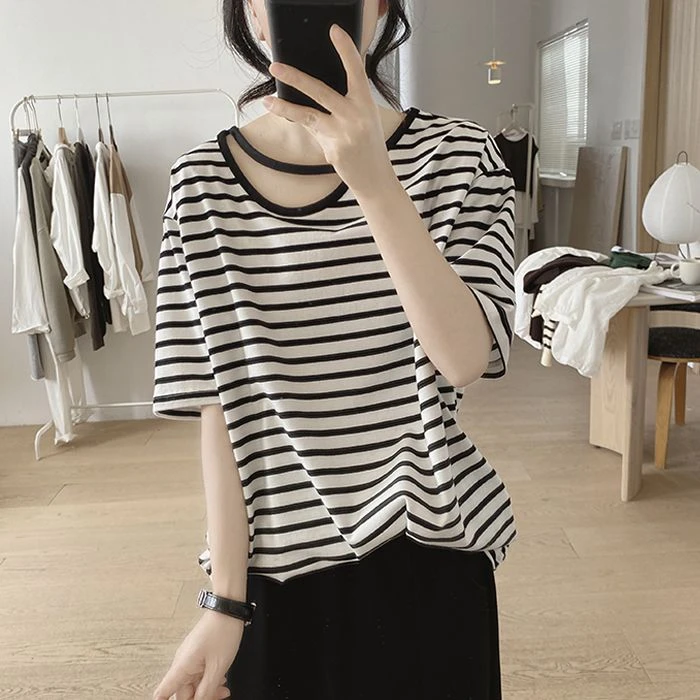 棉t恤女士夏新款宽松显瘦简约露肩小众设计感短袖条纹上衣