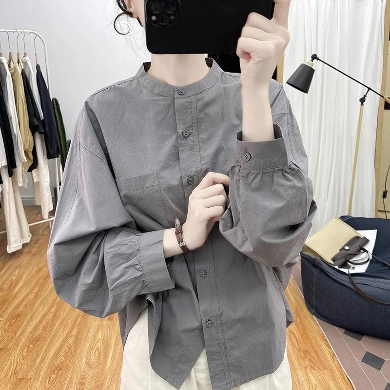 纯棉春秋设计感蝙蝠袖小立领长袖衬衫女宽松上衣2025新款打底衬衣