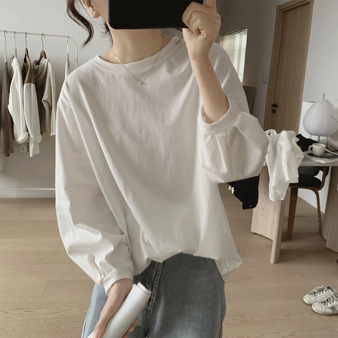 纯棉灯笼袖T恤女式春秋季新款宽松显瘦简约褶皱九分袖上衣