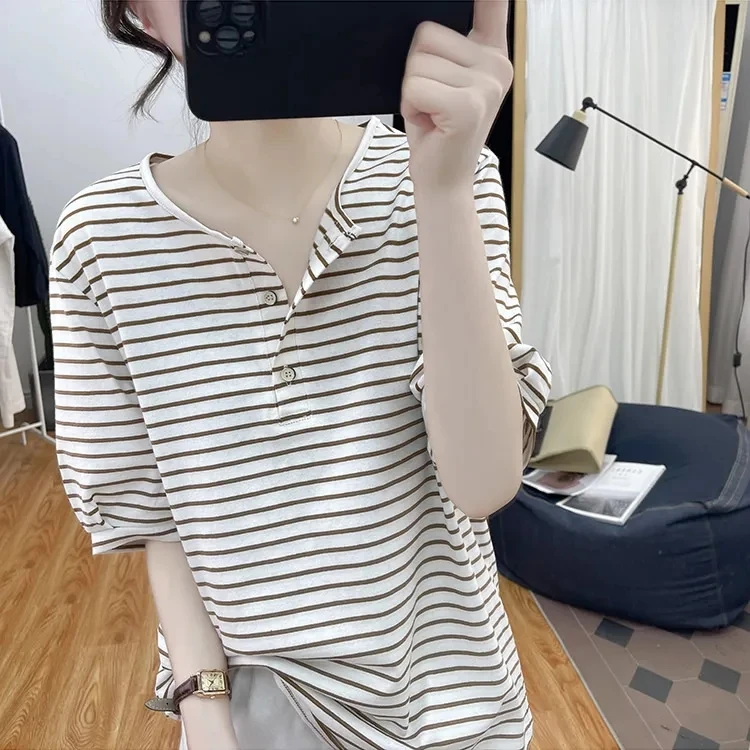 纯棉灯笼袖条纹短袖T恤女2025夏季圆领宽松纽扣上衣复古半袖T恤
