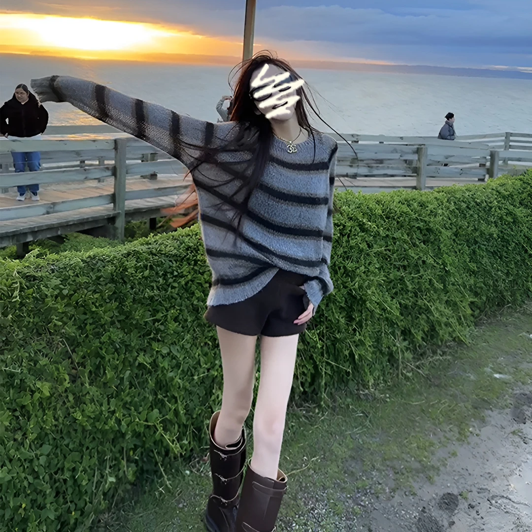 A772#2025春季新款女慵懒风圆领撞色宽松毛衣气质百搭高腰直筒裤