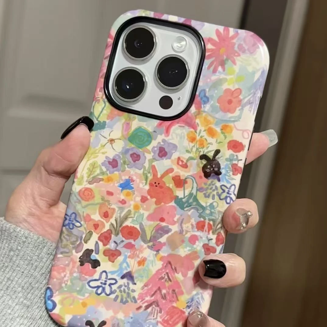 油画花朵兔子适用苹果16ProMax手机壳iPhone15/14二合一菲林壳13