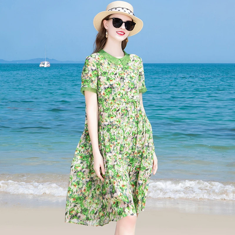 100%纯桑蚕丝夏季女装连衣裙气质时尚连衣裙女碎花洋气收腰6917