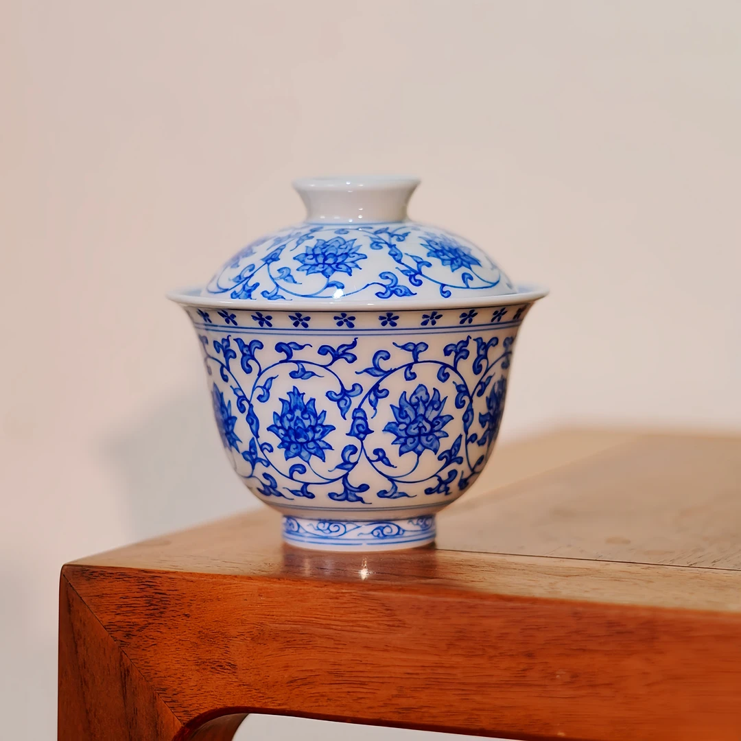 茶圈大魔王茶器景德手绘【怀宣临古】青花明缠枝莲两才盖碗130cc