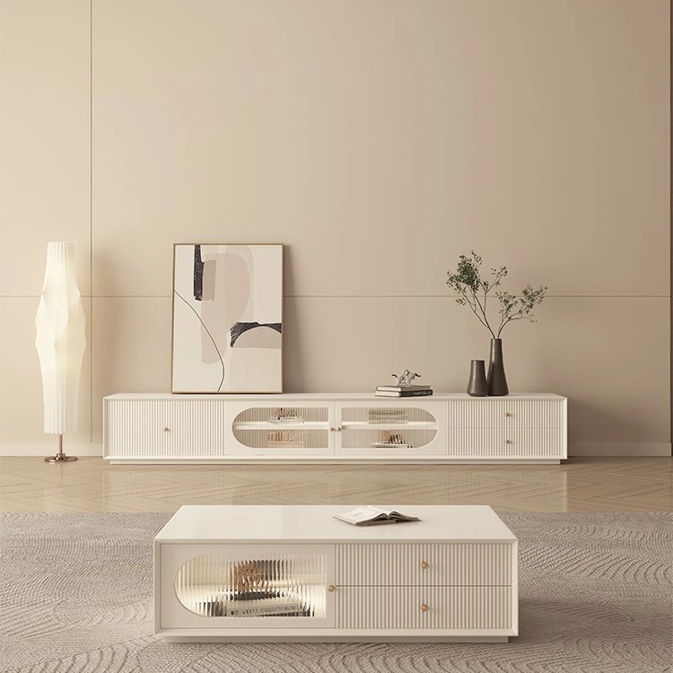 简约落地电视柜茶几组合客厅法式奶油风电视机柜地柜奶油风电视柜