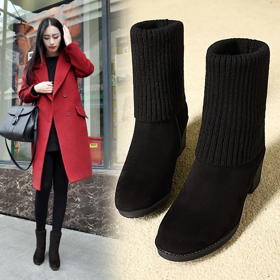 圆头跟高5厘米~一靴两穿粗跟毛线靴百搭加绒秋冬季弹力瘦瘦靴