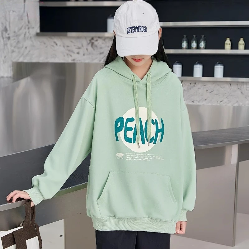 女童卫衣春秋款2024新款连帽中大童女孩时尚休闲洋气字母外套上衣