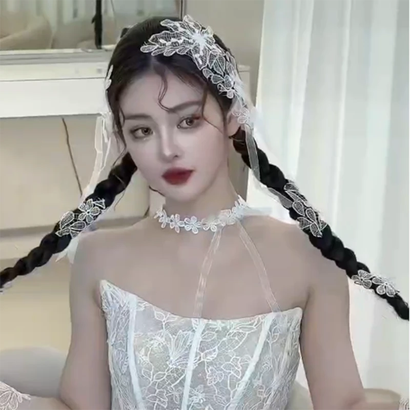 F039可可化妆师小雪同款头饰新款蕾丝新娘国风复古花朵发饰手套