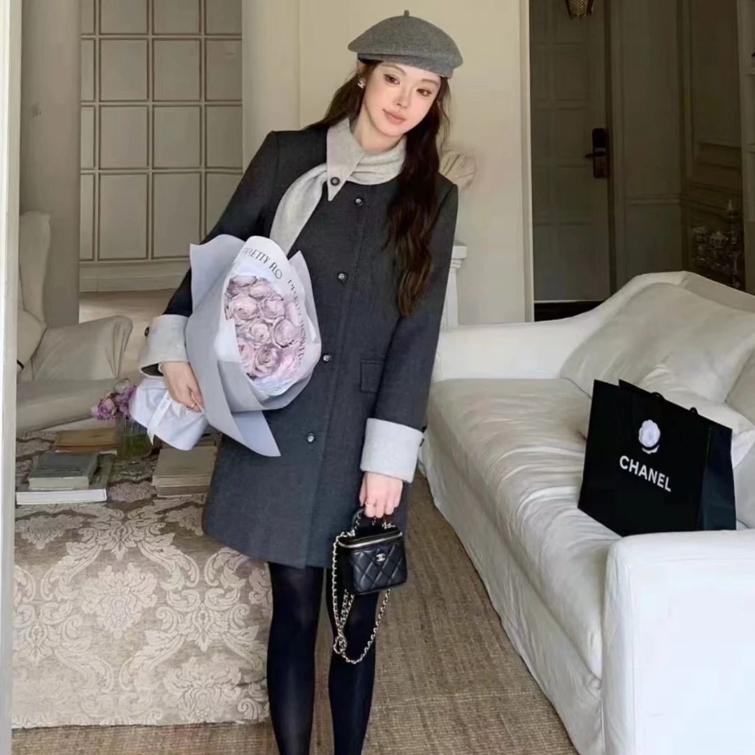 秋冬新款法式复古不规则领结显瘦夹棉加厚保暖毛呢大衣外套A1117