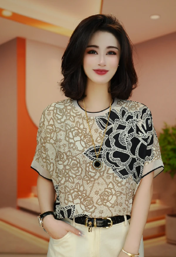 复古设计感百搭印花夏季衬衫圆领不起球时尚蕾丝常规S24H332