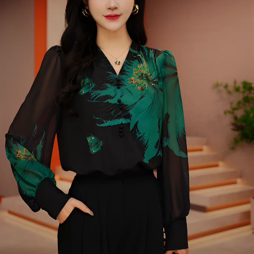 千渝 早春新款琉璃双邹丝显瘦减龄透气印花套头小衫S24Q083