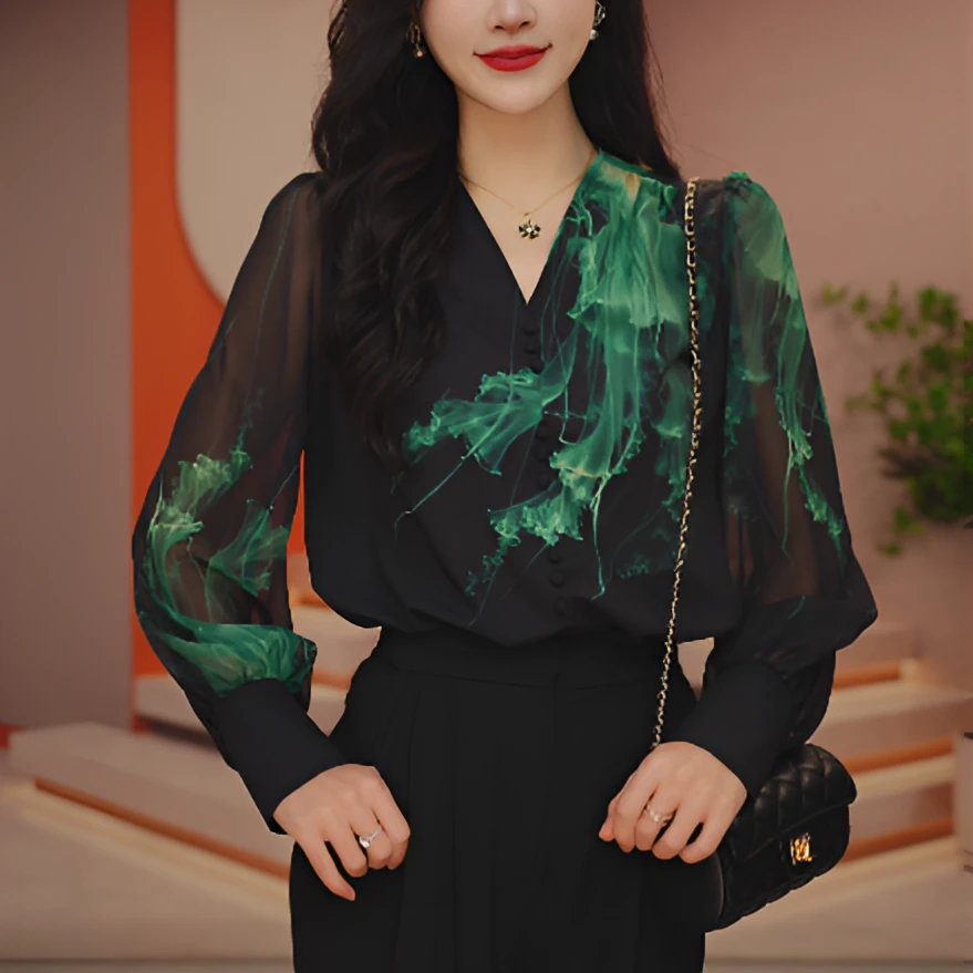 千渝 早春新款双轴丝V领显瘦减龄透气印花套头小衫S24LDS022
