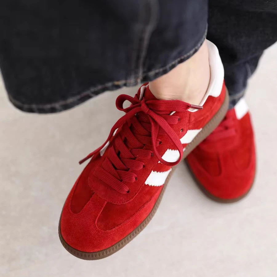 复古红色德训鞋女平底2024新款男女同款百搭厚底休闲运动板鞋女