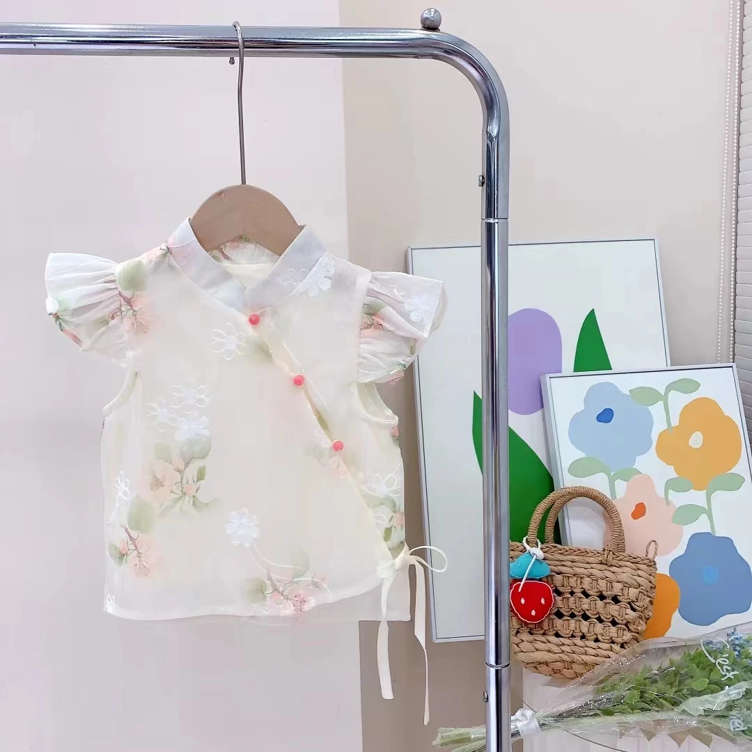 241169  女童夏季重工蕾丝新中式休闲棉质中国风短袖衬衫