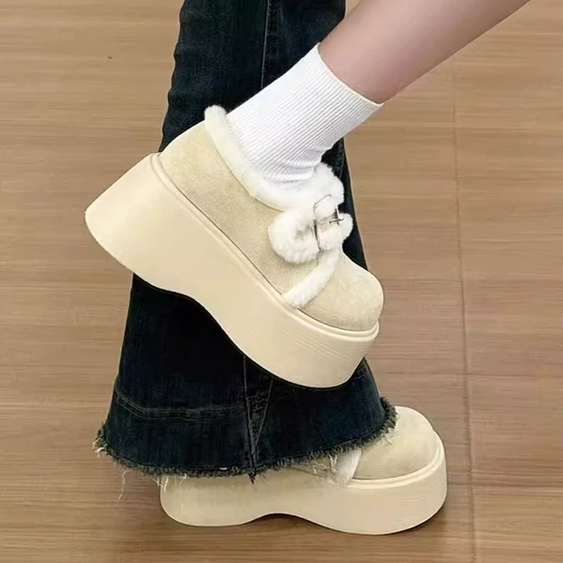 网红爆款加绒加厚增高厚底棉鞋女款2024新款冬季复古保暖毛毛鞋子