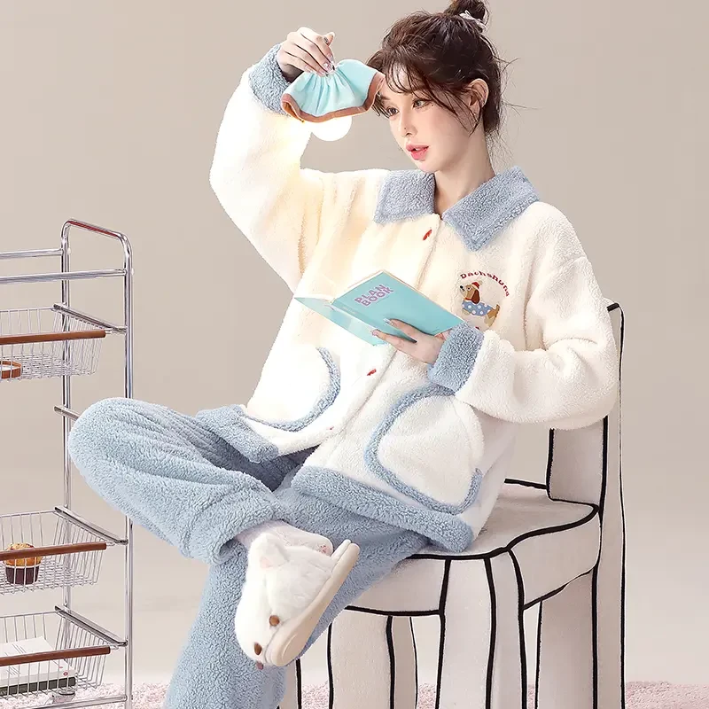 甜美可爱可外穿珊瑚绒睡衣两件套秋冬天新款女士法兰绒保暖家居服