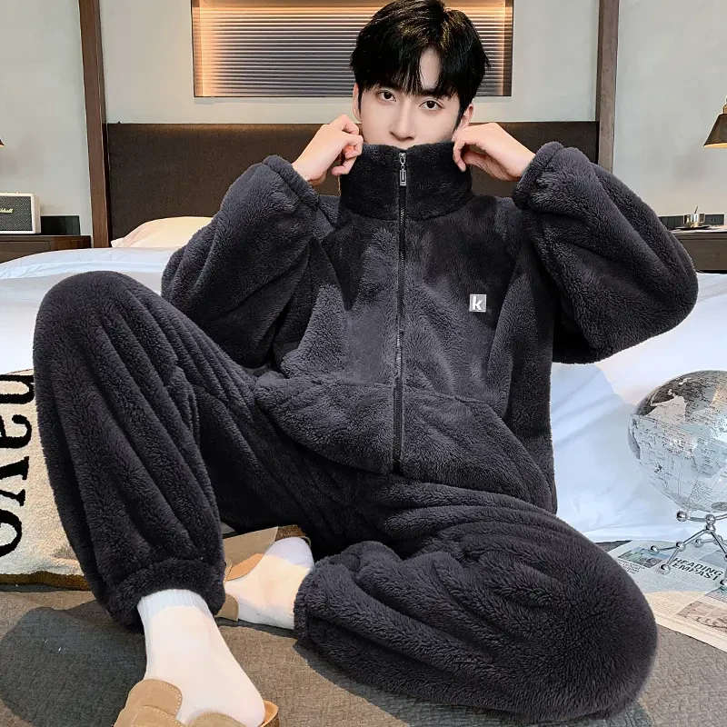 可外穿秋冬新款雪花绒男大码宽松加绒加厚暖绒保暖家居服睡衣套装