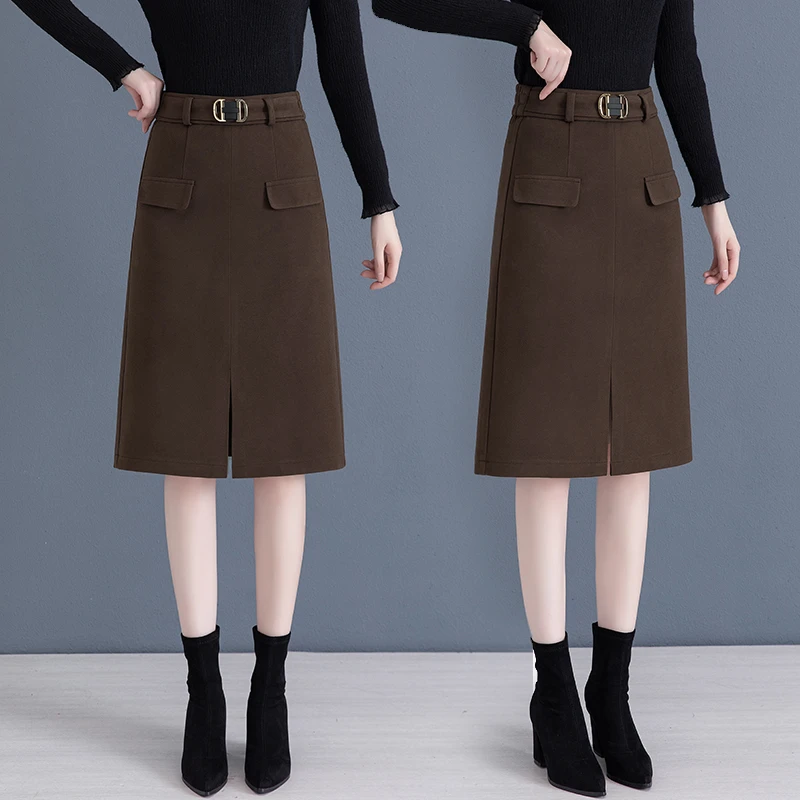 毛呢开叉半身裙女2024新款秋季直筒中长款高腰A字裙包臀裙裙子潮