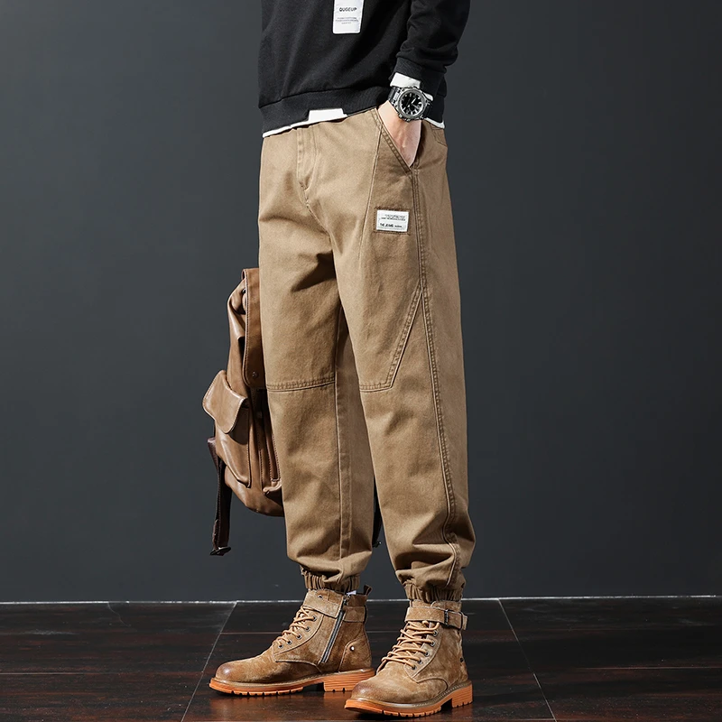 秋季潮牌工装裤男款宽松束脚哈伦休闲长裤痞帅男士解构九分裤潮流