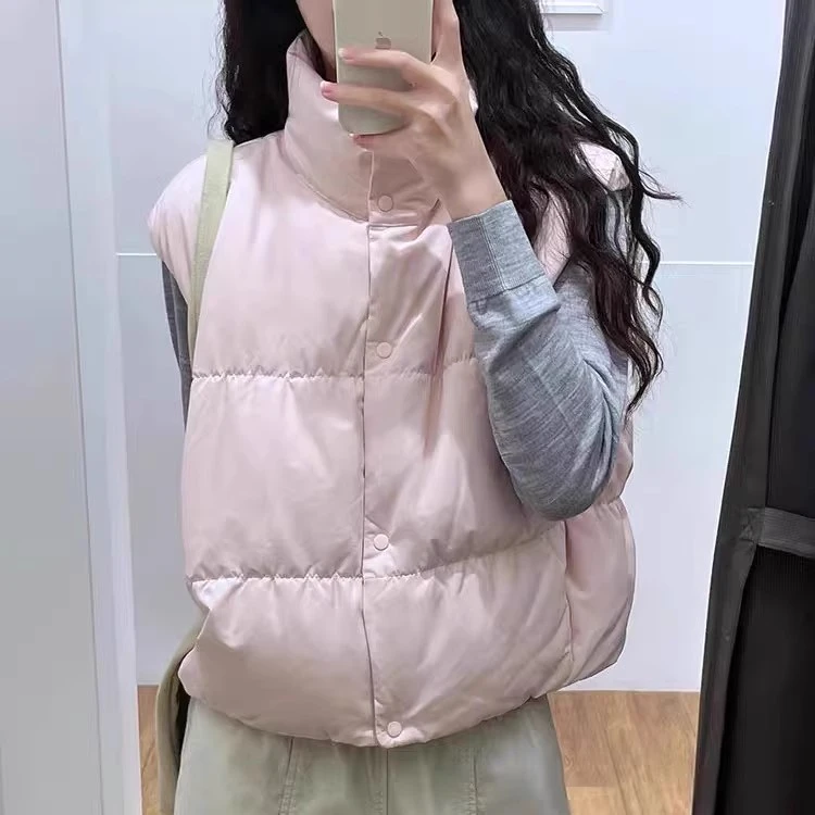 粉色立领坎肩棉服马甲外套女款2024冬季新款保暖棉衣背心马夹外套