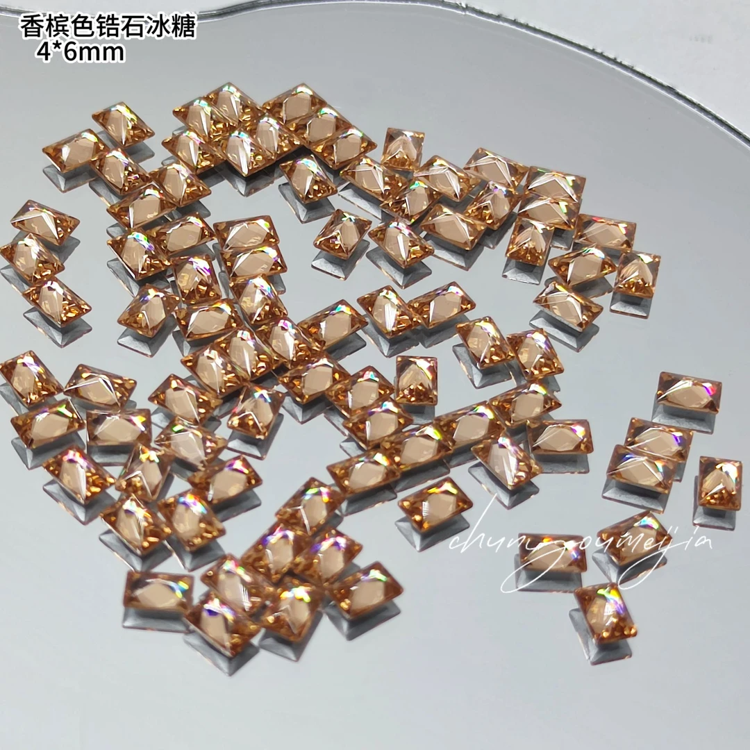 20颗春柚美甲新款火彩锆石香槟锆石奢华爆闪平底冰糖美甲钻4*6mm